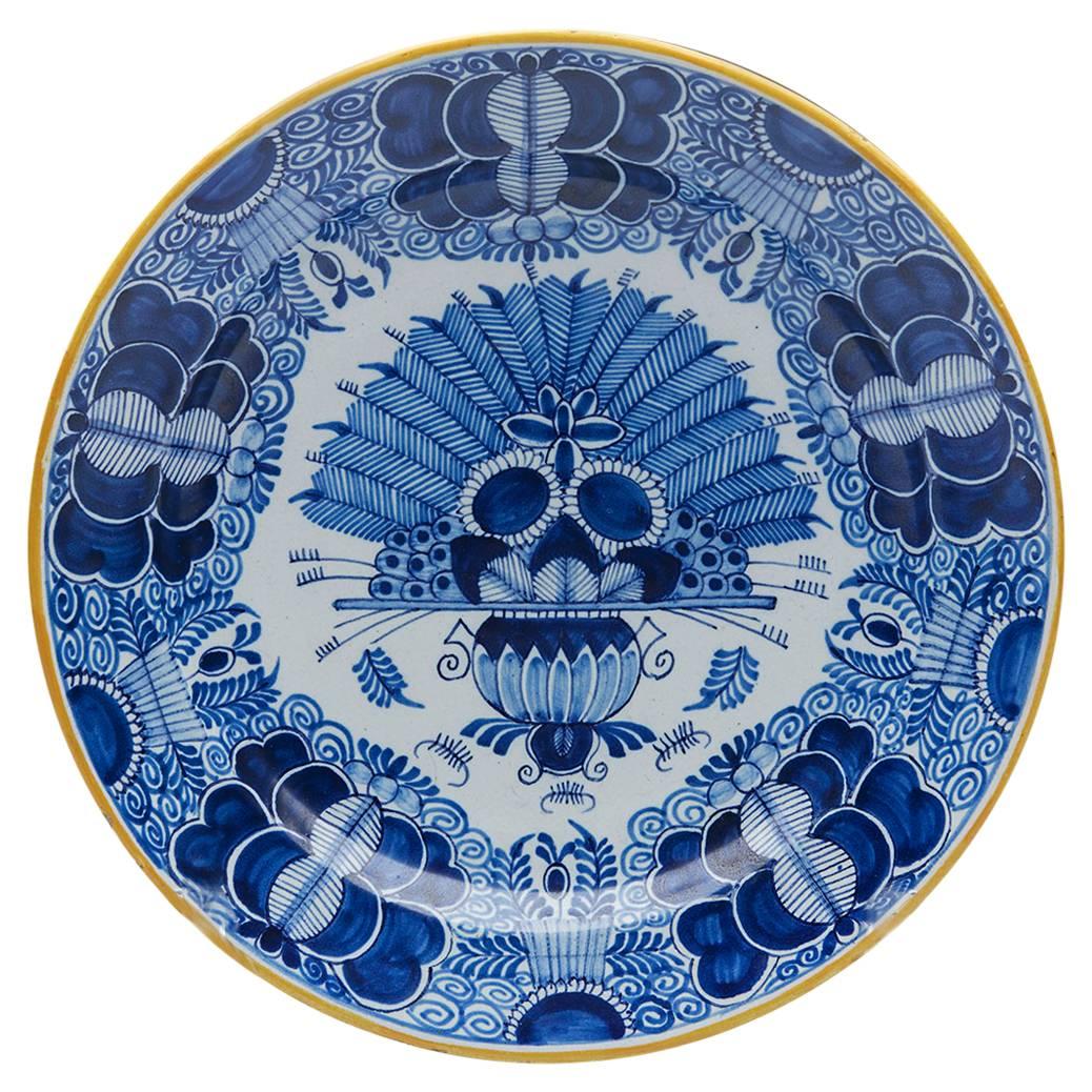 Antique Dutch Delft Peacock Pottery Plate Signed, circa 1750