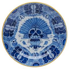 Antique Dutch Delft Peacock Pottery Plate Signed, circa 1750