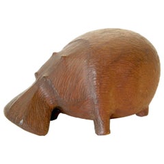 Whimsical Hand Carved Wooden Hippo Figure by Rod Mack Dated 1958