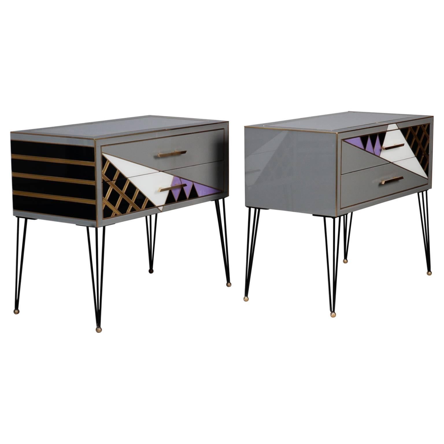Pair of Italian Two-Drawer Cabinets with Murano Glass and Brass Inlays