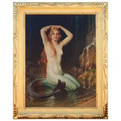 Antique Angelo Von Courten Mermaid Painting - Oil on Canvas Titled "Sirene"