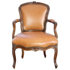Antique Louis XV Period Leather Upholstered Fauteuil Armchair, 18th Century
