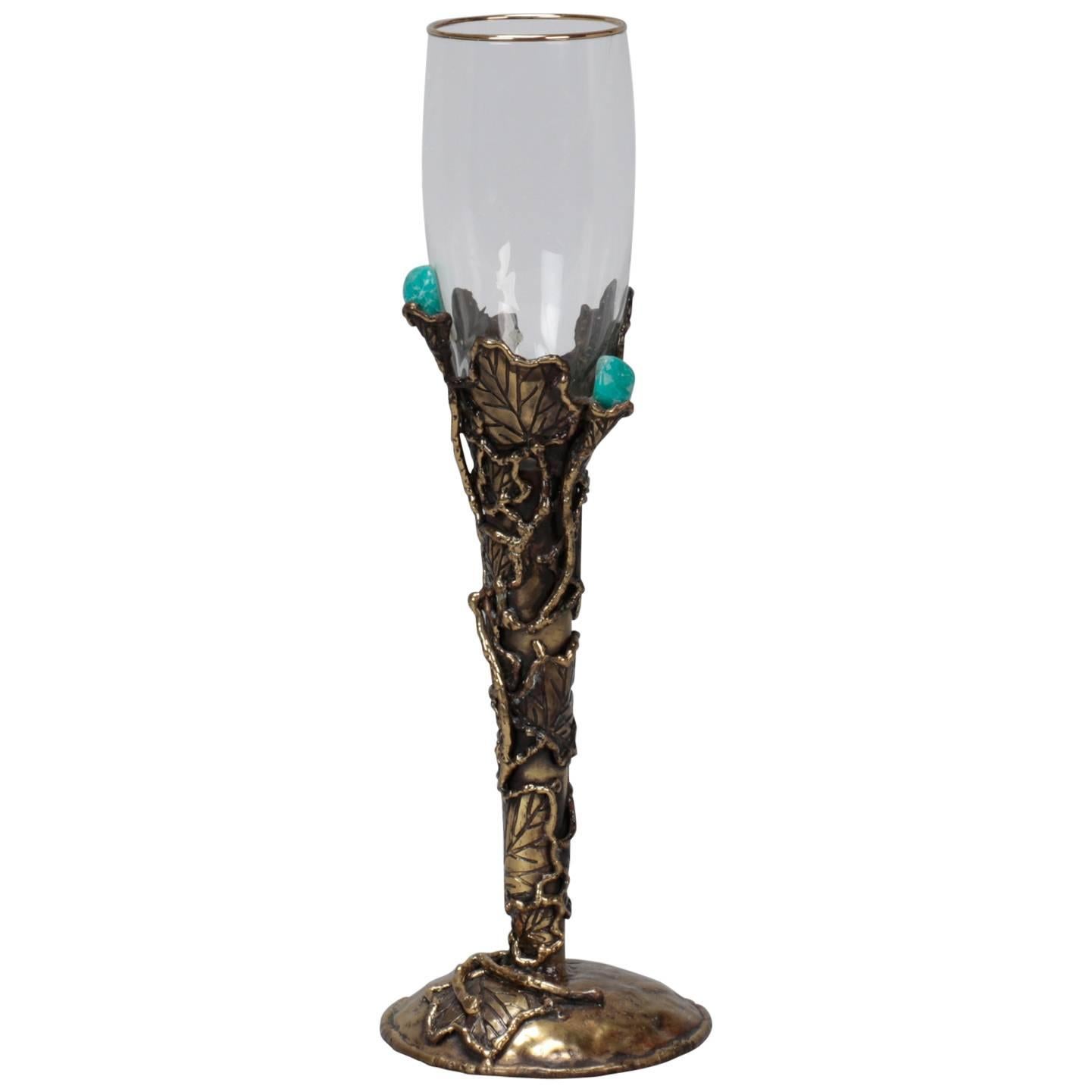 Mid-Century Artisan Signed Wine Glass with Metal Surround and Turquoise Stones 