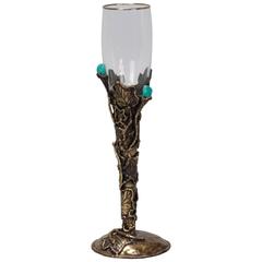 Mid-Century Artisan Signed Wine Glass with Metal Surround and Turquoise Stones 10