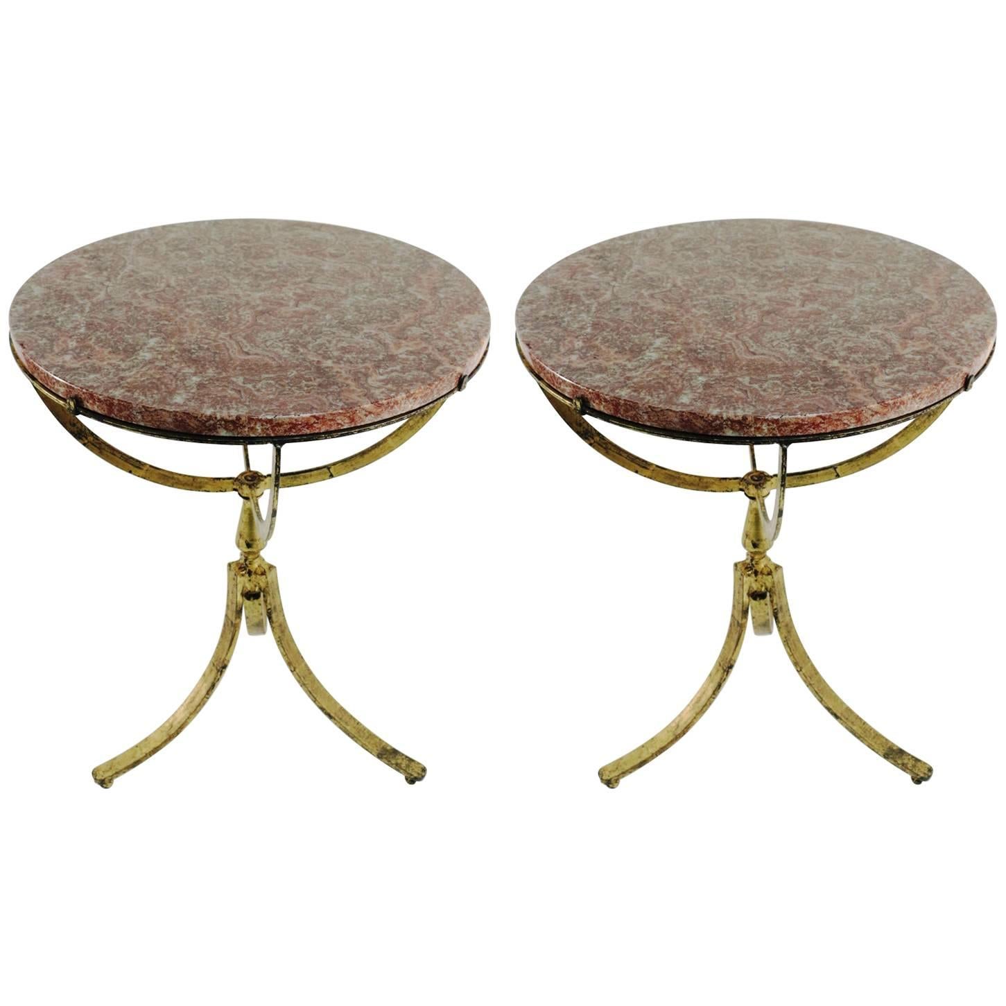Beautiful Pair of Gilded Wrought Iron Gueridons, Marble Tops, 1950s-1960s For Sale
