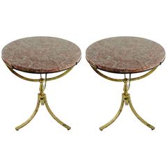 Beautiful Pair of Gilded Wrought Iron Gueridons, Marble Tops, 1950s-1960s