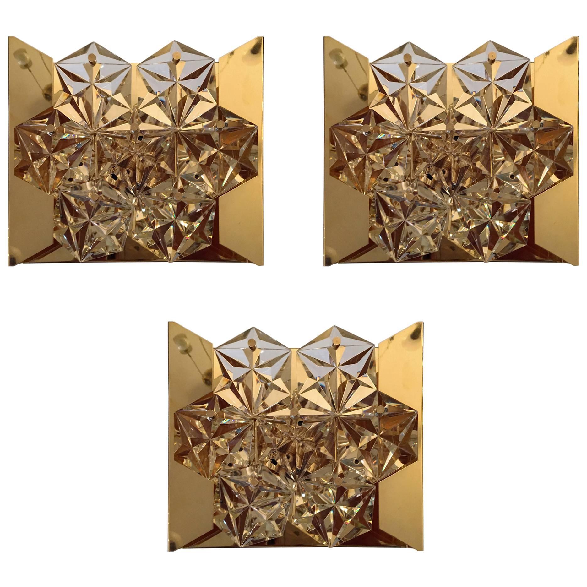 Set of Three Gold Kinkeldey Austrian Crystal, 1960s Wall Lights