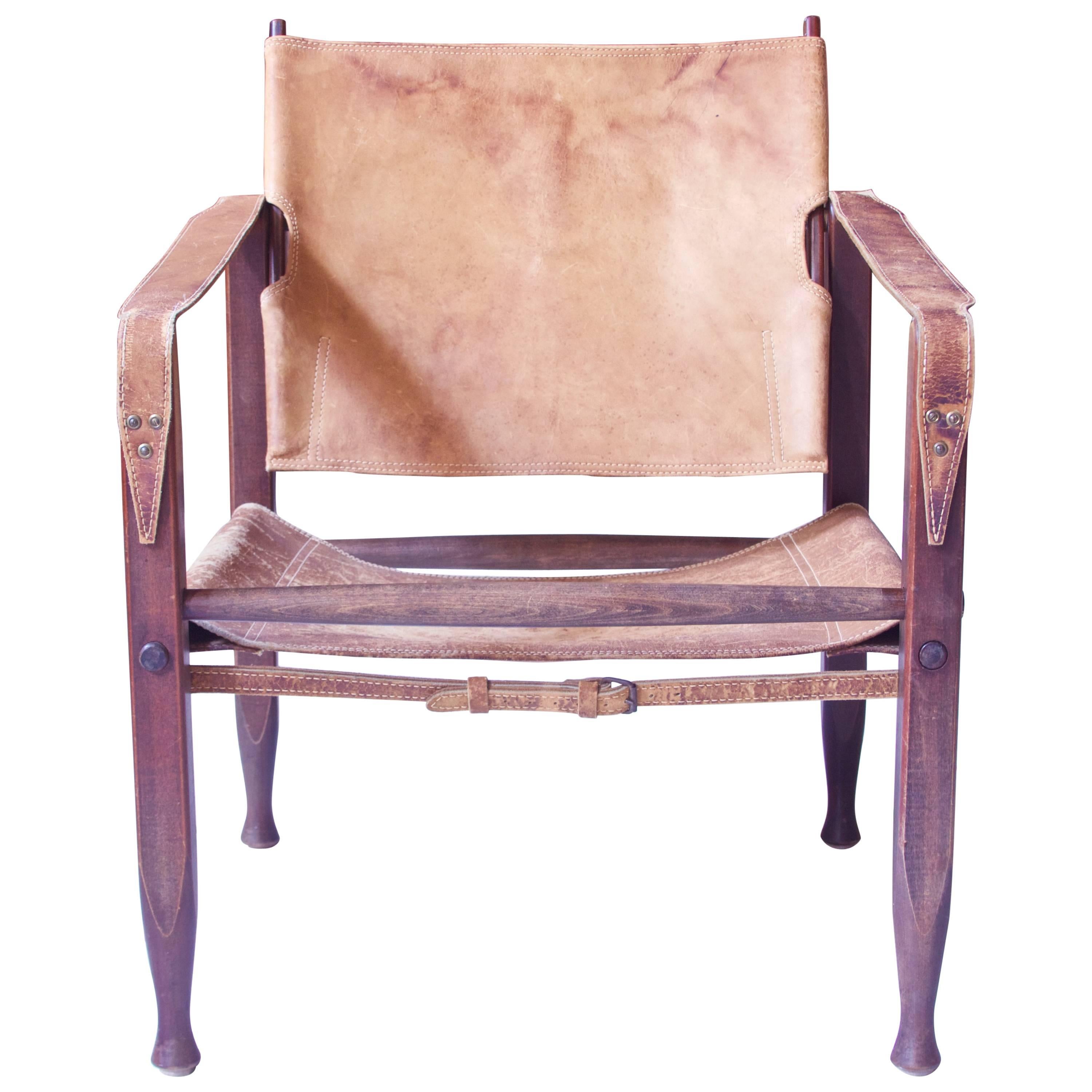 Vintage Kaare Klint Leather and Stained Beechwood Safari Chair, 1940s