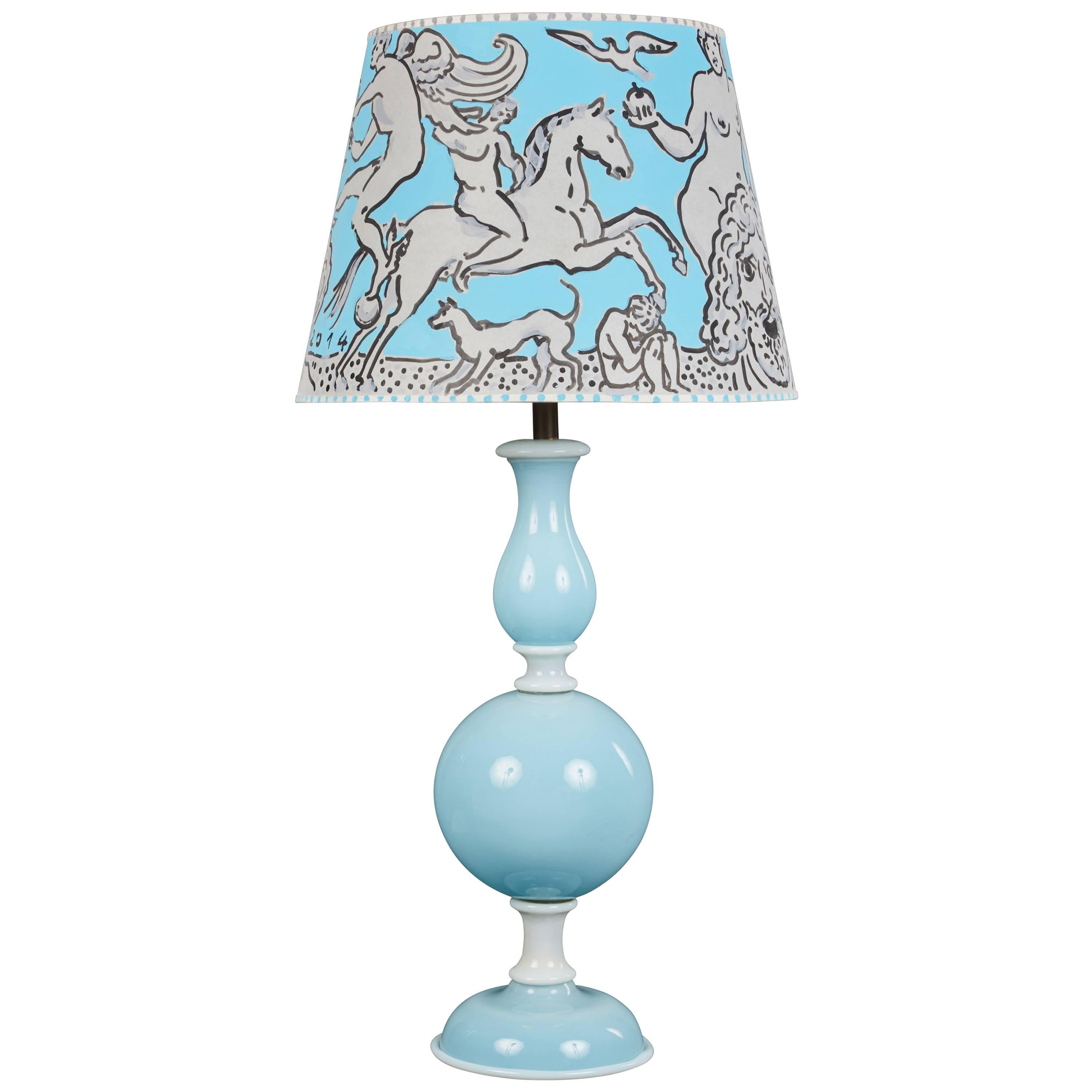 Pale Blue and White Murano Glass Table Lamp, Style of Venini For Sale