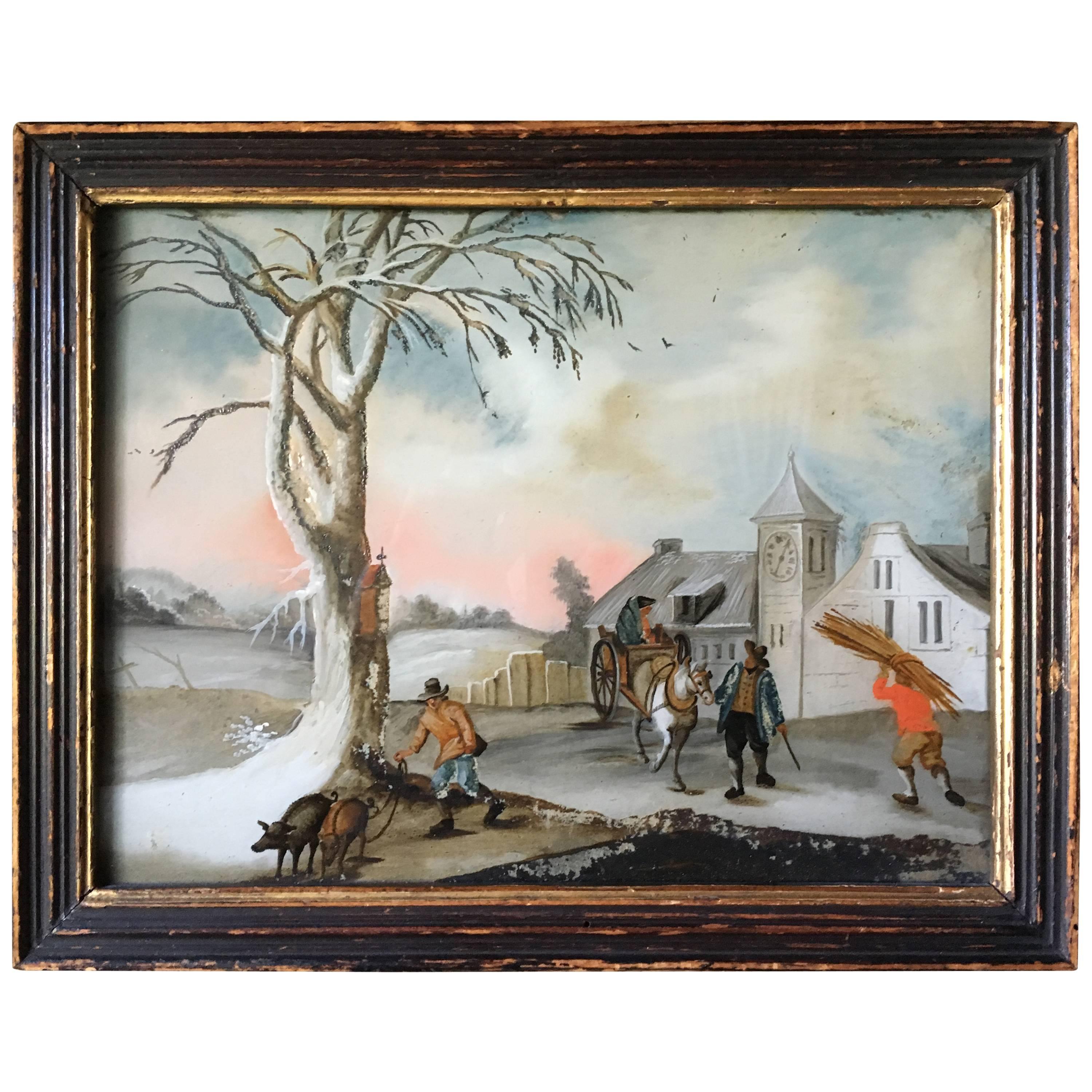 Small Églomisé Genre Painting, Early 19th Century