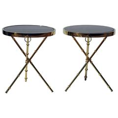 Pair of Campaign Style Faux Bamboo Marble-Top Side Tables