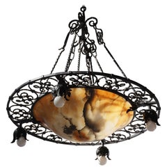 Antique Wrought Iron and Alabaster Art Deco Chandelier