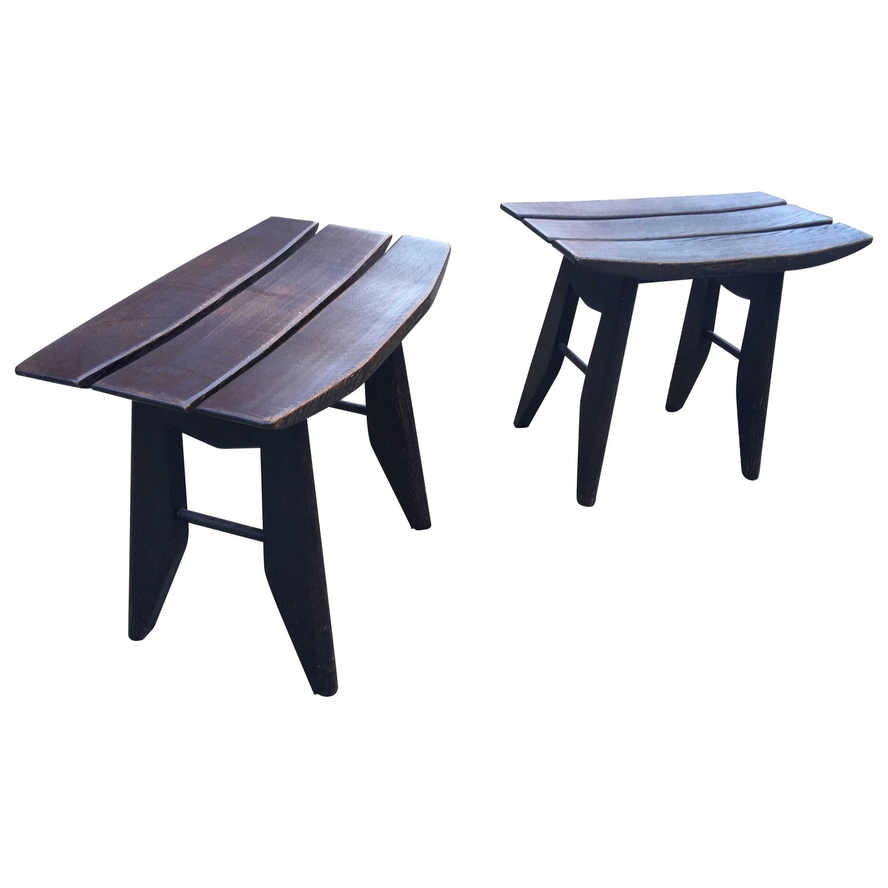 Guillerme & Chambron, 2 blackened oak stools,  Edition Votre Maison, 1960 For Sale