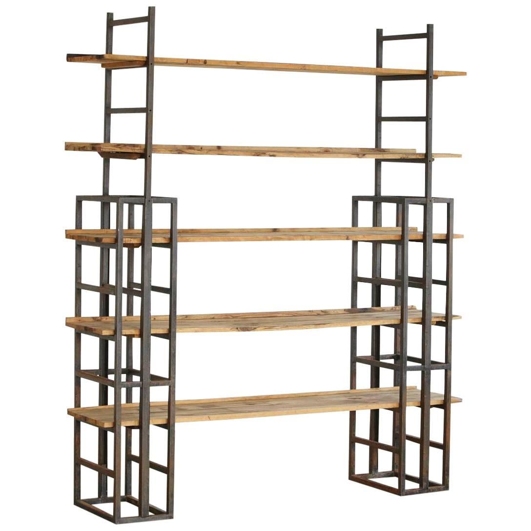 Custom-Made Adjustable Industrial Style Steel and Wood Plank Etagere For Sale