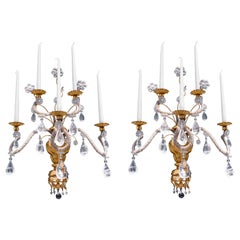 Antique Pair of Early 19th Century Italian Giltwood and Rock Crystal Wall Sconces