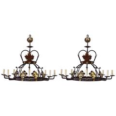 Pair of Italian Wrought Iron and Painted Metal Eight-Light Chandeliers, UL Wired 10