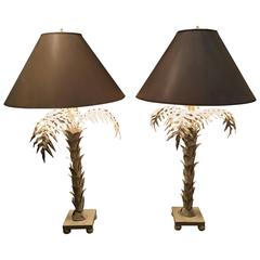 Palm Frond Tree Leaf Table Lamps Pair, Vintage Metal Tole Palm Beach 
