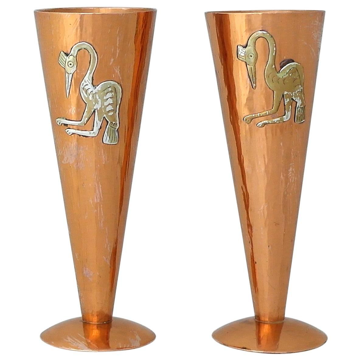 Charming & Exotic Vicky Peru Applied Silver & Copper, Pair of Vases 1975 For Sale