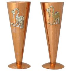 Charming & Exotic Vicky Peru Applied Silver & Copper, Pair of Vases 1975