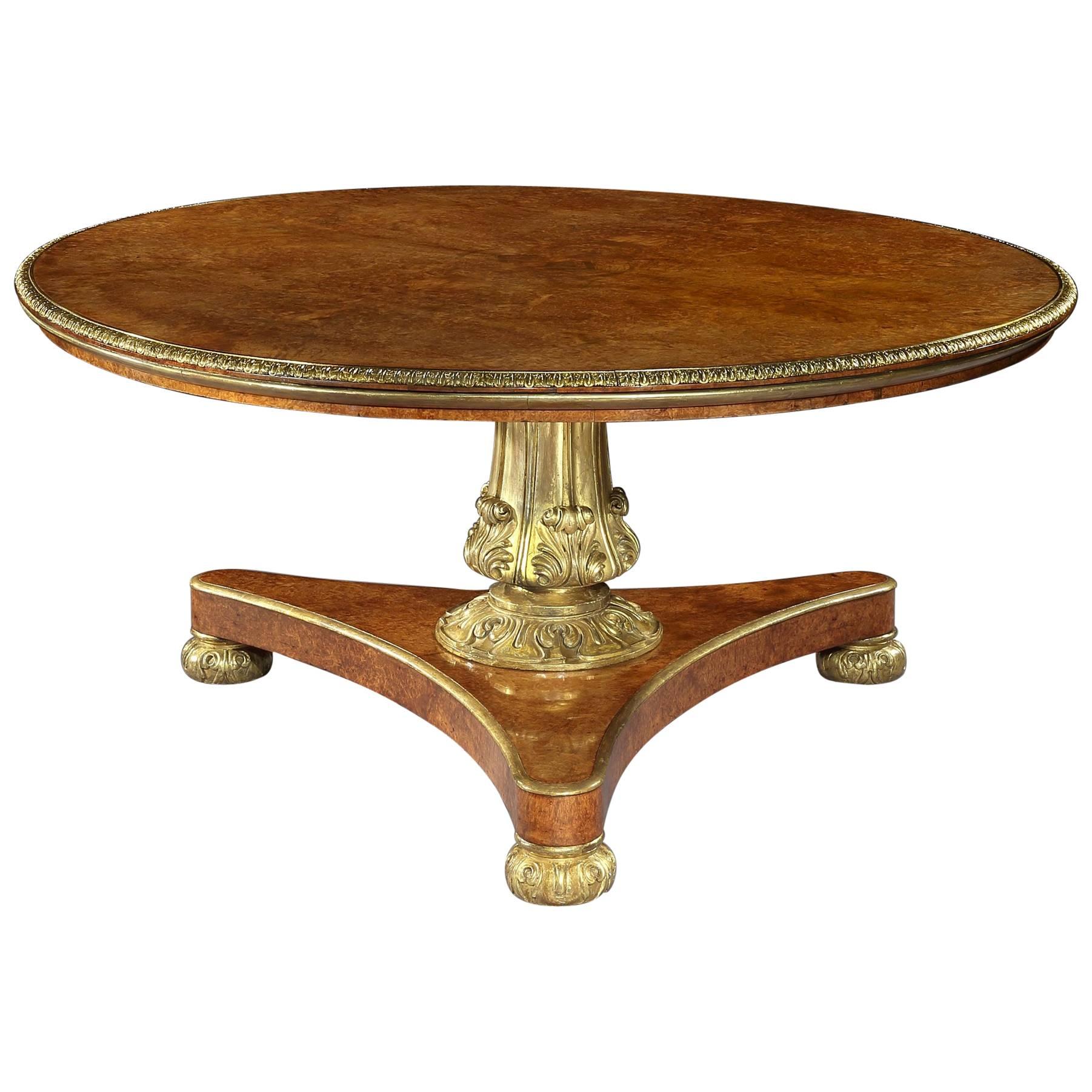 George IV Brass Mounted Parcel-Gilt Amboyna Centre Table by William Riddle 44 For Sale