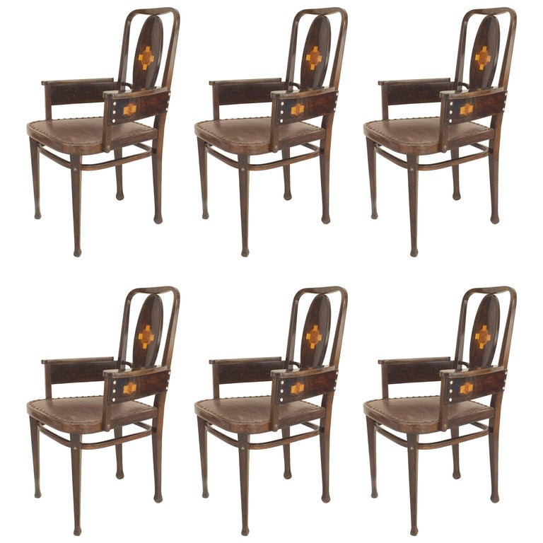 Set of 6 Austrian Secessionist Brown Leather Arm Chairs For Sale at 1stDibs