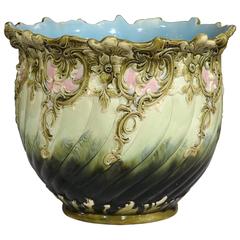 19th Century French Hand-Painted Barbotine Cache Pot with Floral Motifs