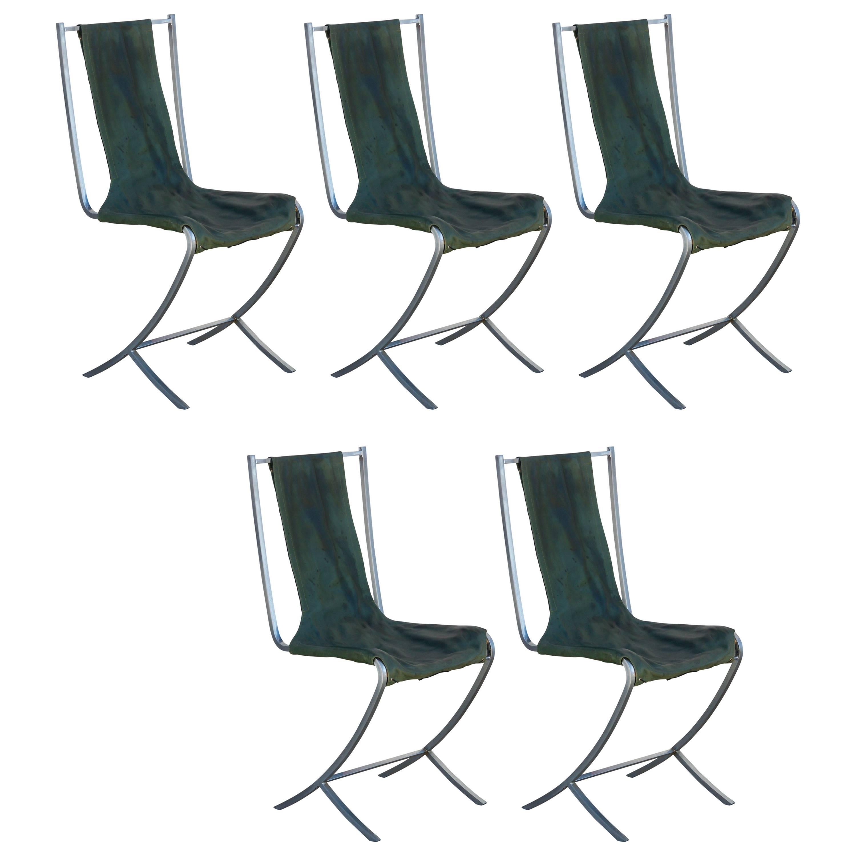 Rare ensemble de cinq chaises en acier inoxydable de la Maison Jansen