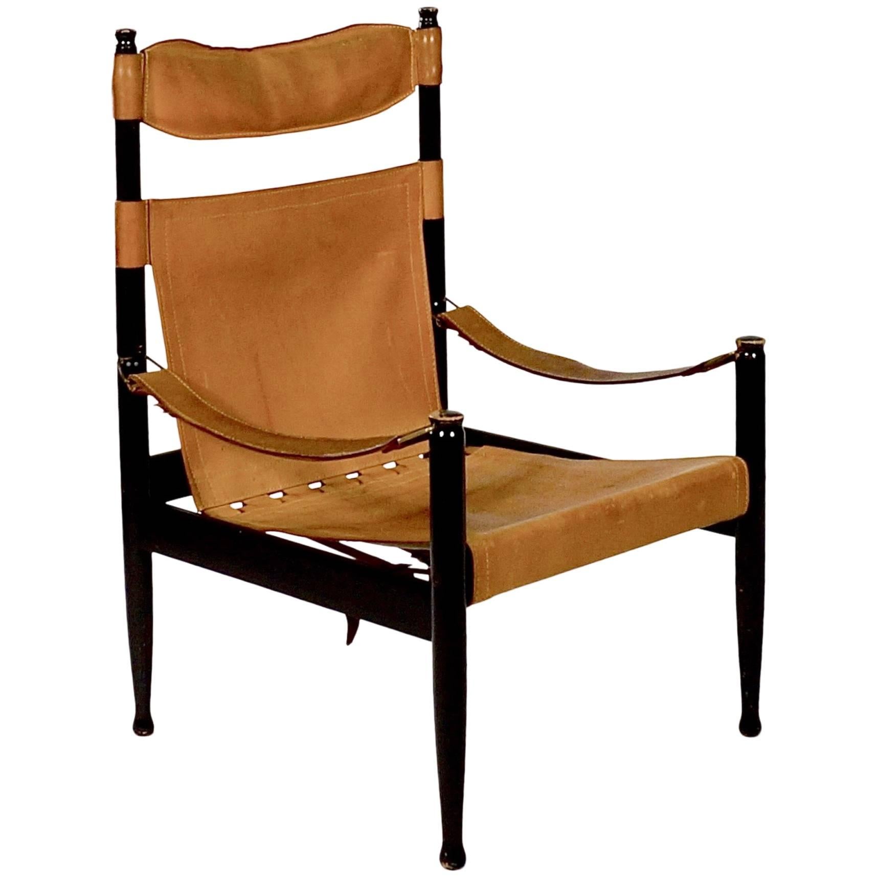 High Back 'Safari Chair' with Slung Tan Leather Seat by Erik Worts For Sale