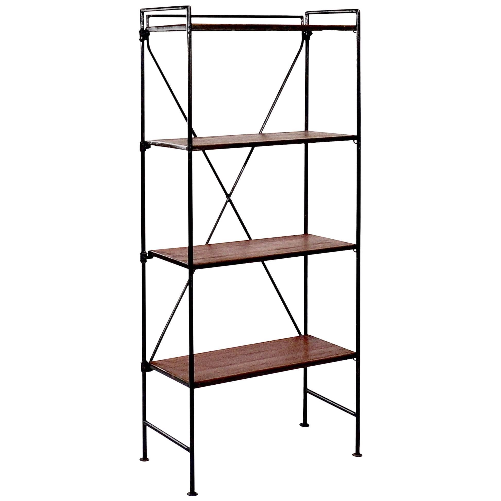 Set of Small Ebonized Wrought Iron and Teak Folding Shelves