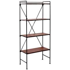 Vintage Set of Small Ebonized Wrought Iron and Teak Folding Shelves