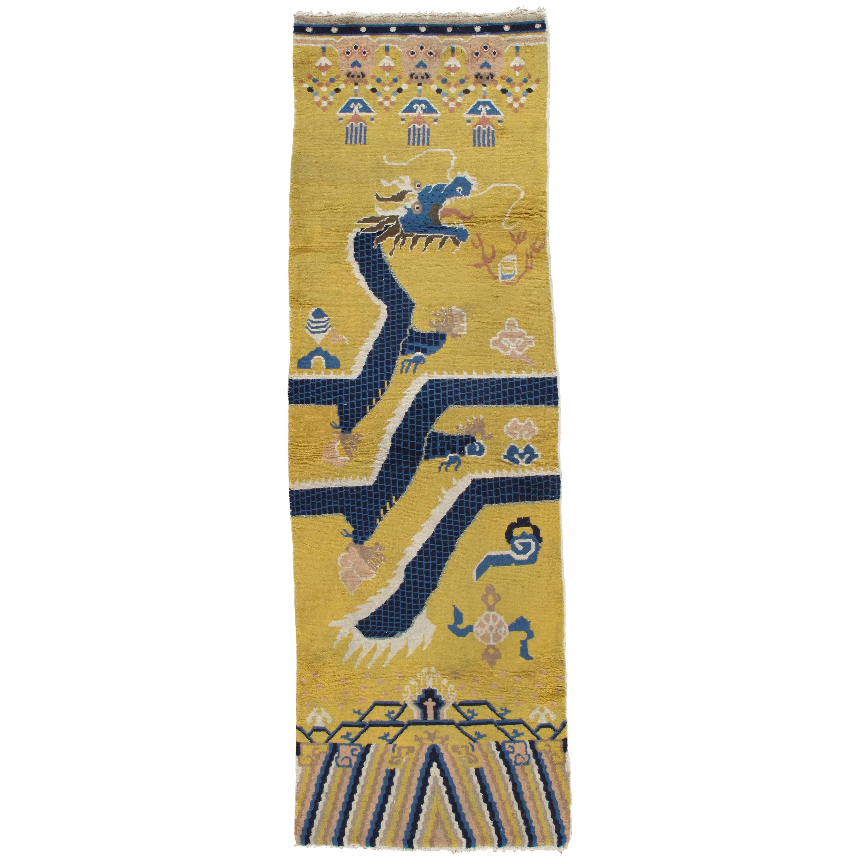 Antique Chinese Runner, Yellow and Blue Runner, Handmade Wool Rug