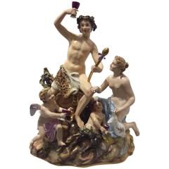 Antique Meissen Porcelain Figurine Grouping of Bacchus Nymph Satyr Putti, 19th Century