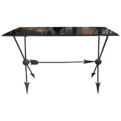Italian Gio Ponti Inspired Wrought Iron Console Table With Glass Top