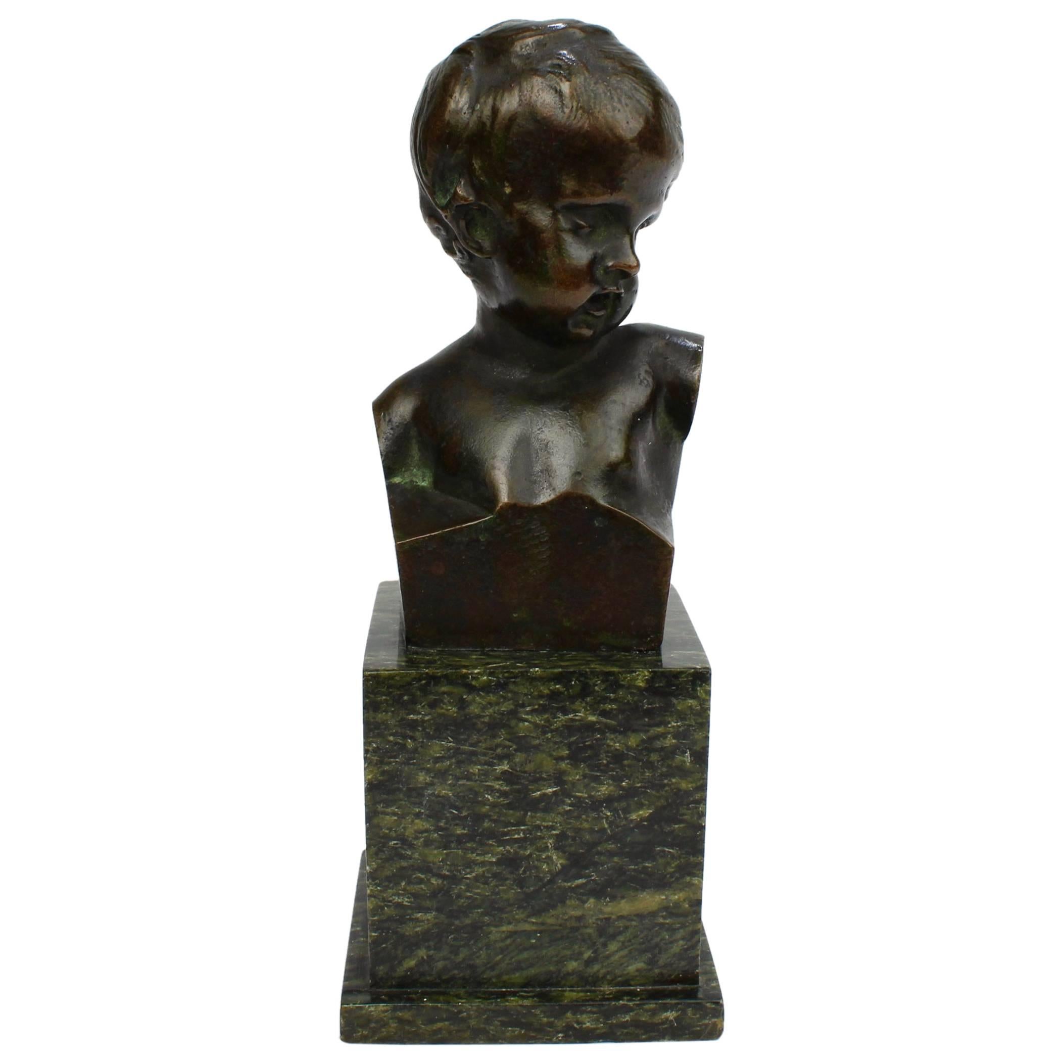 Small Antique Bronze Bust of a Child after Jean-Antoine Houdon For Sale