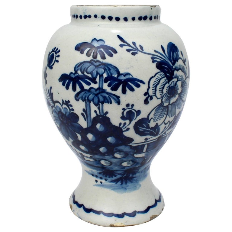 18th Century Tin Glazed Dutch Delft Pottery Blue and White Vase or Jar For Sale
