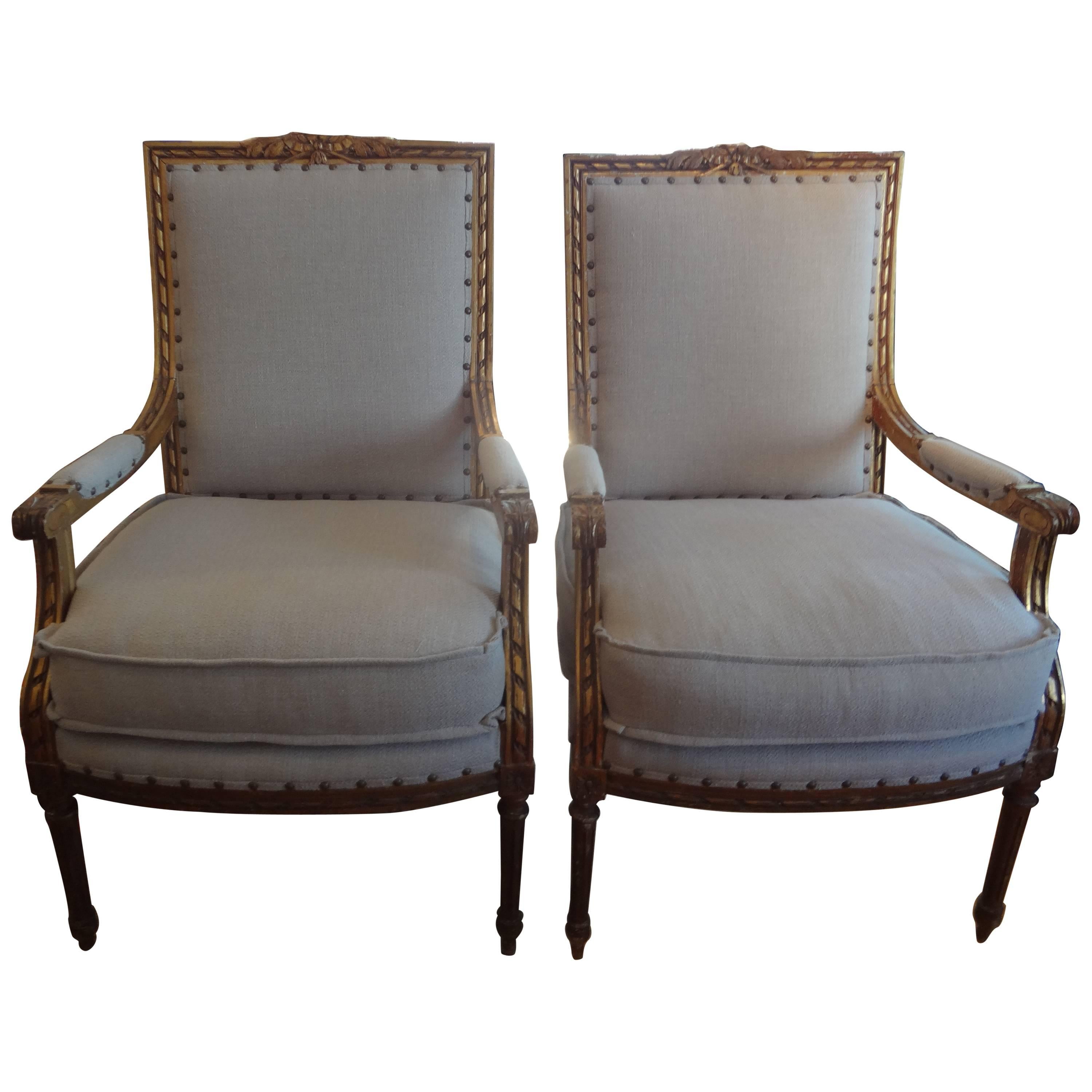 Pair Of Antique French Louis XVI Style Gilt Wood Armchairs
