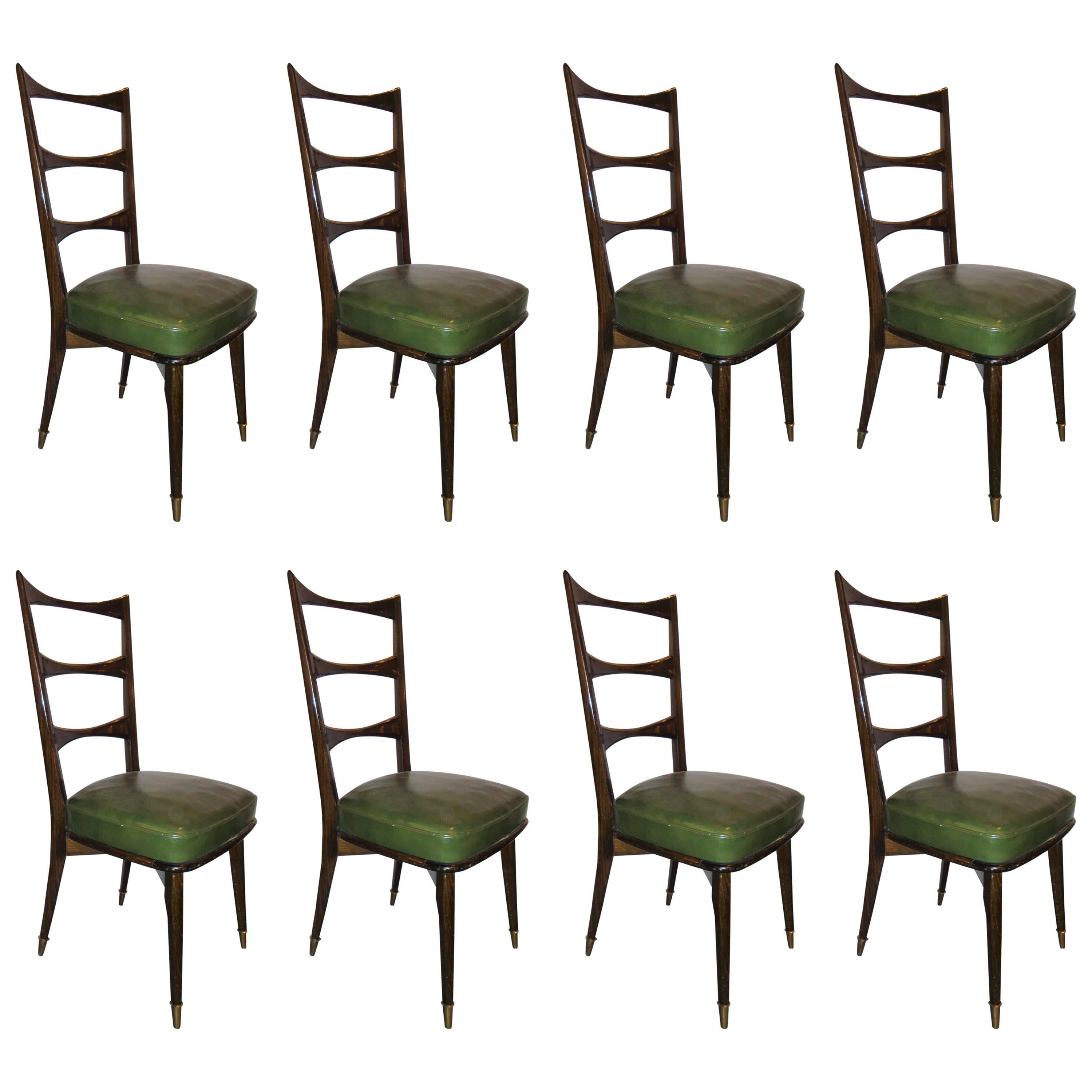 Set of Eight Italian Mid-Century Modern Dining Chairs Sturdy Ladder Back