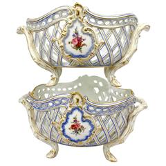 Pair of Old Paris Porcelain Reticulated Fruit Basket for Herbert Freres