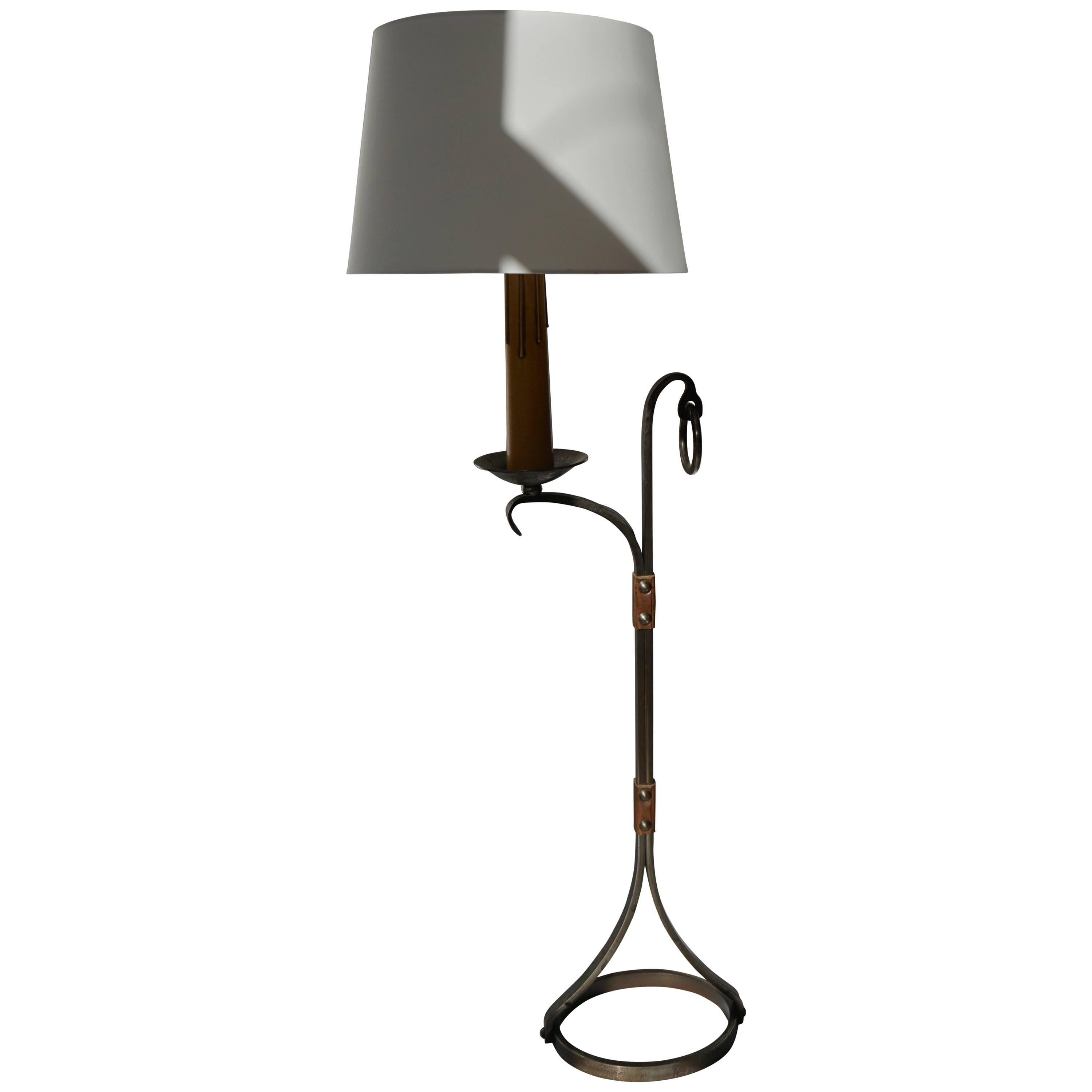 Two Jacques Adnet Style Iron and Leather Floor Lamp, 1950s-1960s, France For Sale