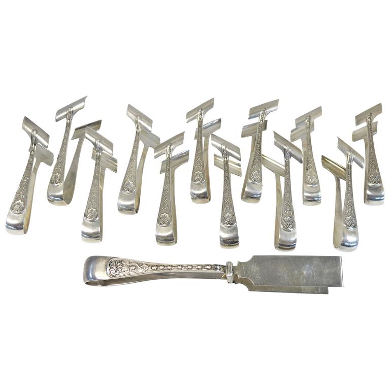 Rare Set of 12 Sterling Asparagus Eaters with Asparagus Server For Sale