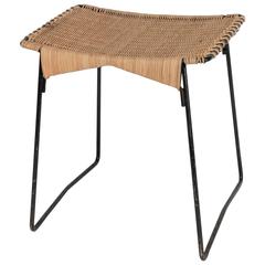 French Metal and Wicker Stool in the Style of Carl Auböck, 1950