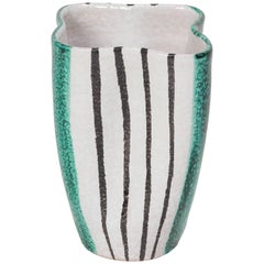 Alvino Bagni Ceramic Vase Green White & Black Stripes, Italy, 1950s 