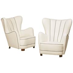 Pair of Reupholstered Easy Chairs with Legs in Beech, Flemming Lassen Style