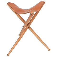 Vintage Swiss Tripod Folding Hunting Stool Leather and Beech, 1940s