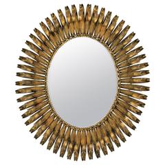 1950s Spanish Brutalist Gilt Iron Eyelashed Oval Sunburst Mirror 11