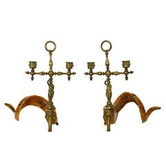 Pair of 19th Century Ram's Horns and Brass Classical Female Figure Candleholders 10