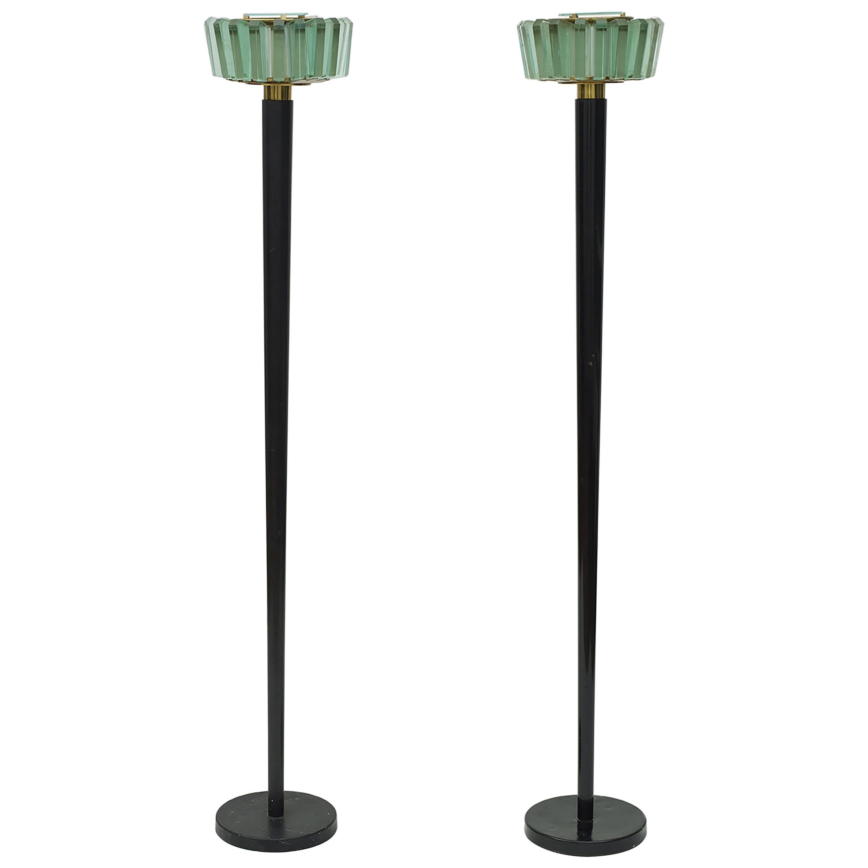 Pair of Fontana Arte Modern Glass Shade and Brass Italian Floor Lamps, 1960