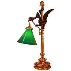 Antique French Bronze Dragon Desk Lamp with Cased Green Shade