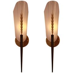 Stunning Pair of Lucite, Wood and Bronze Wall Sconces