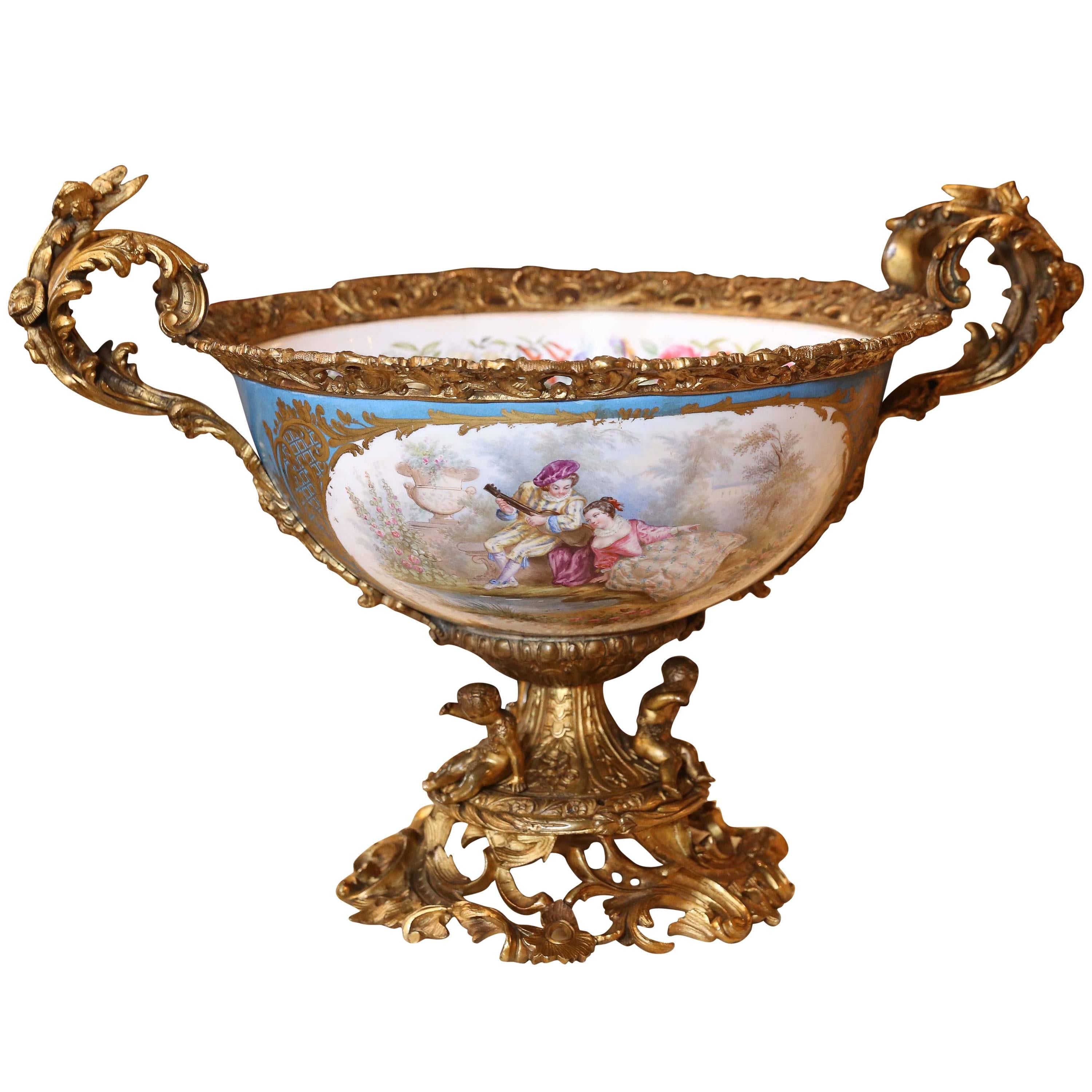 Large Sevres Style Centrepiece Bowl with Bronze Dore Mounts / Celeste Blue